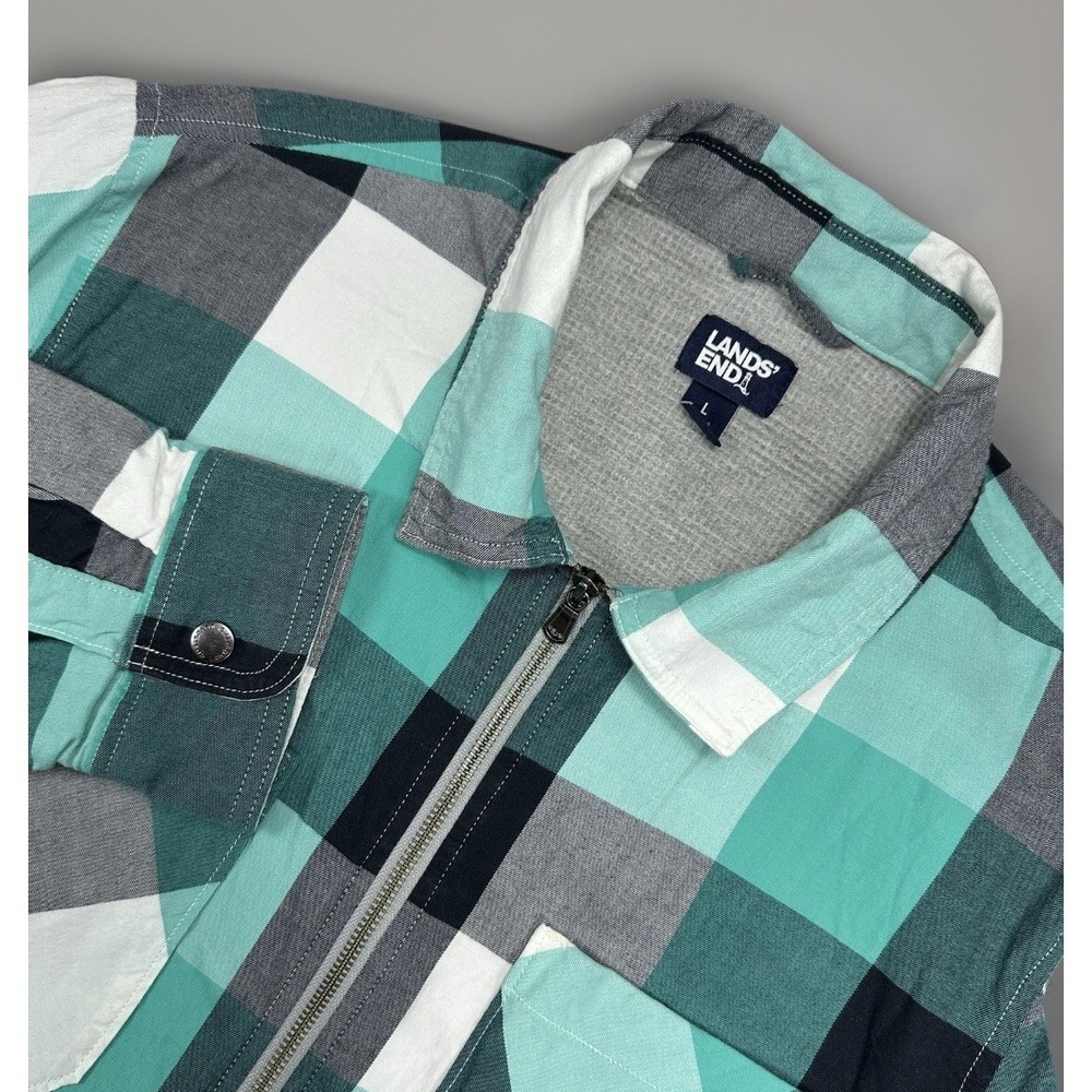 Lands End Plaid Shacket Mens L Lined Teal Gray Plaid Full Zip Cotton Stretch